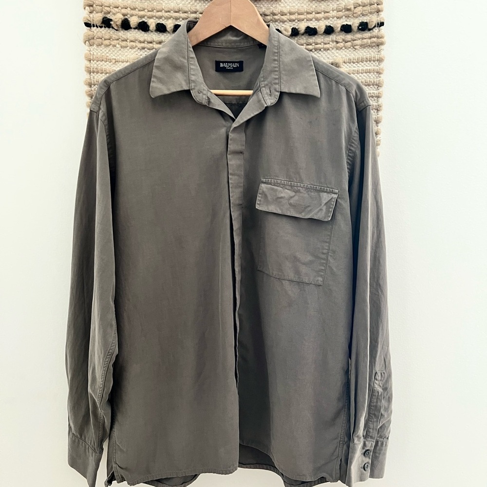 Balmain Gray Casual Button Down Shirt with Collared Neckline